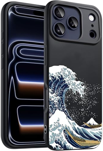 Unov Case Designed for iPhone 17 Pro, Black Phone Case with [Anti-Slip Embossed Pattern], Shockproof Slim Protective [Anti-Scratch TPU] Back Cover,Great Wave