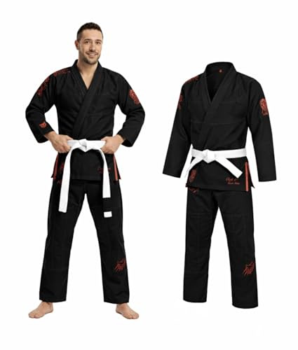 X RAGE Lion King Lightweight BJJ Gi – 400GSM Pearl Weave Brazilian Jiu Jitsu Kimono – Black BJJ Suit with 8oz Twill Pants – Unisex BJJ Uniform for Men & Women, Training & Competition (A3)