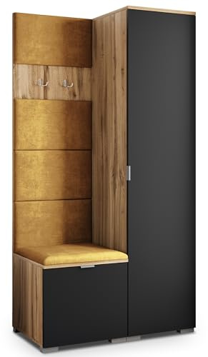 Masseno Flugarderoben Set Lori, Kleiderschrank-Set mit Sitzbank, Garderobenschrank Flur mit 3 Regalböden, Eiche Wotan/Schwarz