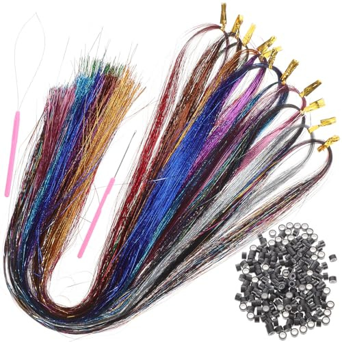 GRADENEVE Haarverlängerungs Glitzer Satz mit 18 Bunten Lametta Haarsträhnen 120cm Kunststoff Inkl Flechtwerkzeug für Party und Modische Haaraccessoires Mädchen