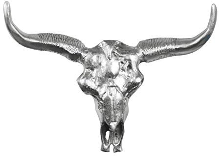 MichaelNoll Stierkopf Bulle Schädel Stier Bullenschädel Geweih Hörner Dekoration Deko - Wanddekoration Silber Aluminium Metall - Wanddeko Modern für Wohnzimmer und Schlafzimmer - XXL