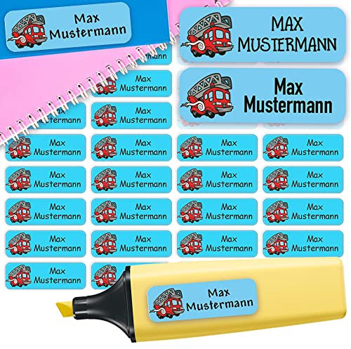 Sunnywall® Namensaufkleber Kinder Schule Feuerwehr Aufkleber Namensetiketten | 60 Stück Klebeetiketten zum Beschriften 4,8x1,6cm Kita Schulanfang | wasserfest