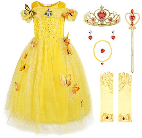 JerrisApparel Aschenputtel Kleid Prinzessin Kostüm Schmetterling Mädchen (140, Gelb mit Zubehör)