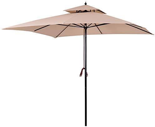 Outsunny Sombrilla de Jardín 3x3x3 m Parasol de Jardín de Metal con Doble Techo Impermeable y Manivela para Terraza Balcón Exterior Beige