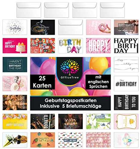 OfficeTree 25x Geburtstagskarten Set mit Umschlag 5 Stück - Geburtstagskarte A6 - Postkarten Set Geburtstag - Glückwunschkarten mit englischen Sprüchen - Karte Geburtstag - Grußkarten