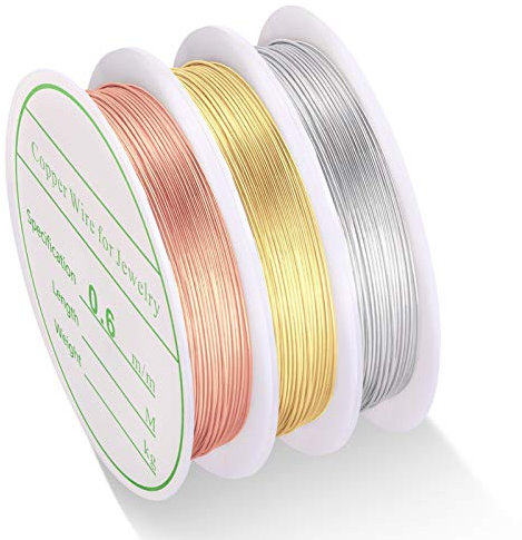 MIKIMIQI 3 Pack Jewelry Wire - 22 Gauge Tarnish Resistant Copper Beading Wire for Jewelry Making, 0.6mm X 4m Each (Gold, Silver, Rose Gold)