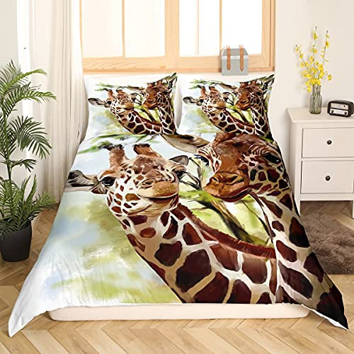 Loussiesd Giraffe Bettwäsche Set 155x220cm Safari Wildtiere Bettbezug Set Afrikanische Tierwelt Baumblatt Bettwäsche Set Digitaldruck Bettwäsche Mikrofaser Bettbezug Atmungsaktiv 2 Stück
