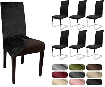 BEAUTEX 6er Set LEA Stuhlhusse, elastische Uni Stretch-Husse aus Samt Mikrofaser Farbe wählbar (Schwarz)