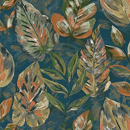 Holden Decor Aralia Teal Orange Wallpaper 36114 - Metallic Brush Painted Leaf