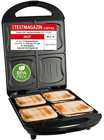 Emerio XXL Sandwich Toaster TEST GUT für alle Toastgrößen geeignet 4x große Muschelform für die ganze Familie Käse läuft nicht aus kein Verschmieren BPA frei 1300 Watt Sandwichmaker 4er