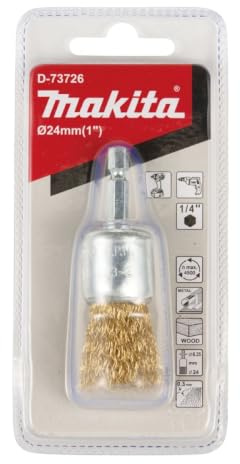 Makita D-73726 Pinselbürste Ø 24 mm, gewellt, vermessingt, 1/4-Sechskantaufnahme, feine Drahtbürste zum Bearbeiten von Holz und Metall