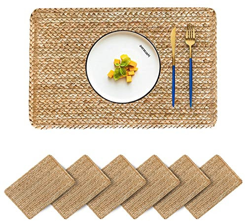 CY SISTERS Woven Placemats Set Of 6, 100% Water Hyacinth, 17.7 X 11.8Inch Rectangle Placemat Farmhouse Braided Placemats for Dining Table, Home Decor, Bulk Wedding, Perfect for Indoor Outdoor, Natural