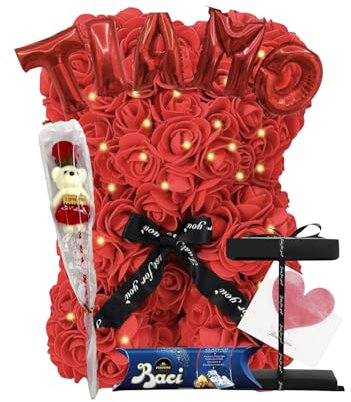 NLIGHTING® Orso di Rose Orsetto con Rose Rosse Regalo Love Box Cioccolatini Fidanzata Mamma Moglie Lovebox per Lei Peluche Orsacchiotto di Rose Classico Senza LUCI LED