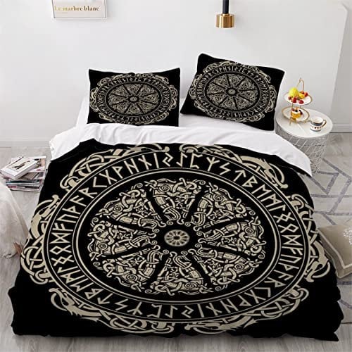 Skandinavien Bettwäsche 200x200cm 3D Drucken Viking Rune Kompass Magische Mythologie Bettbezug Set Weich Microfaser Bettbezug für Kinder Jungen Mädchen Erwachsener 3 Teilig Hypoallergen Bettwaren