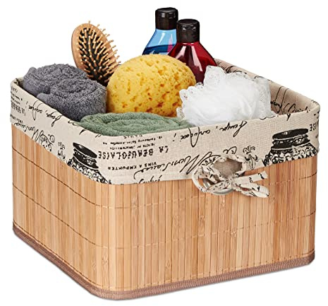 Relaxdays Aufbewahrungskorb, Bambus & Polyester, HBT: 20 x 31 x 31 cm, Körbchen mit Griffloch, Regalkorb, Natur/Creme | HBT: 20 x 31 x 31 cm, Körbchen mit Griffloch, Regalkorb
