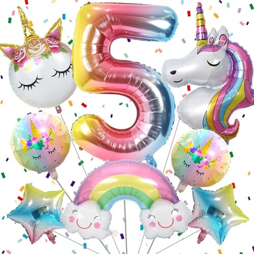 Luftballon Einhorn für Mädchen 5. Geburtstag Dekoration Folie Runde Einhorn Luftballon Regenbogen Sterne und Zahl 5 Folienballon für Geburtstagsdeko Mädchen 5 Jahr Einhorn Thema Partydekorationen