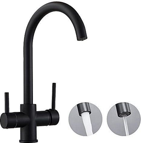 Maynosi Grifo de Cocina 3 Vías para Osmosis con 2 Salidas, 3 en 1 Mezclador para Agua Potable con Palanca Doble, Grifos de Fregadero 360° Giratorio, Incluir adaptador de conexión, Latón (Negro)