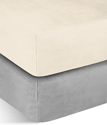 normani 2 weiche Flanell Spannbettlaken mit Cashmere Touch und 35 cm Steghöhe - Bettlaken aus Jersey Fleece - warmes Winter Spannbetttuch Laken Farbe Hellgrau/Beige Größe 180 cm x 200 cm