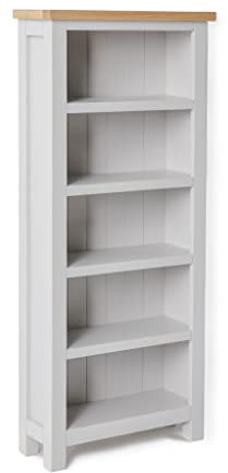 Farrow Grey Tall Narrow Living Room Bookcase with Oak Top | Roseland Furniture Contemporary Country Slim Painted Pine Solid Wooden Bookshelf with 5 Shelves for Hallway or Office