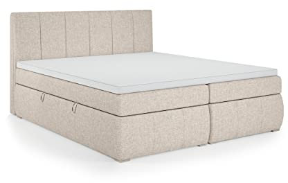 FEDVE Boxspringbett 160x200 Beige – Leo – Dauerhaft Bett mit Bettkasten – Praktisches Doppelbett mit Stauraum für Viele Jahr - Kopfteil Bett mit Matratze zum Schlafzimmer