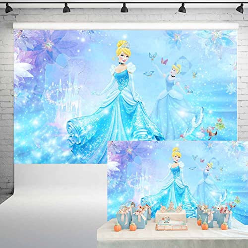 Prinzessin Aschenputtel Party Dekorationen Hintergrund Magic Castle Fairytale Blauer Hintergrund Geburtstag Baby Shower Kuchen Tisch Banner 1,5 x 0,9 m 94