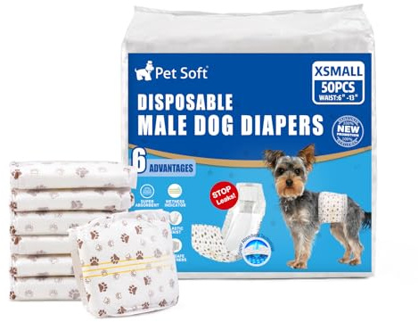 Pet Soft Dog Nappies Male- 50 Counts Disposable Male Dog Wraps, Super Absorbent Puppy Dog Diapers Incontinence Nappy Wraps with Wetness Indicator (XS-50 Count)