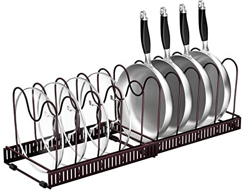 Fousenuk Porta Coperchi Pentole, Organizer Padelle con 10 Scomparti Regolabili, Porta Padelle, Portacoperchi Allungabile, Supporto per Coperchio in Metallo, Contenitore Da Cucina (Bronzo)