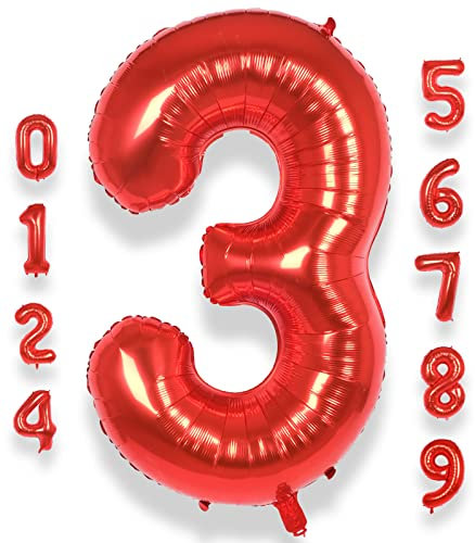 AULE Luftballon Zahl 3 Rot: XXL 101 cm Zahlen Folienballon Geburtstag Rot 3 Jahre 40 Zoll Helium Ballon Kinder Junge Mädchen Zahlenballon für Babyparty Jubiläum Deko