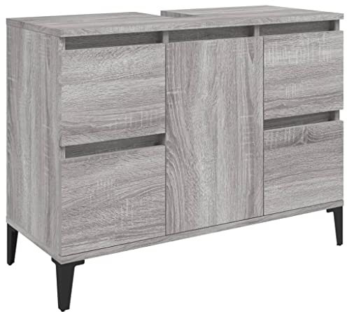 vidaXL Waschbeckenunterschrank, Badschrank mit 4 Schubladen 1 Fach, Waschtisch Unterschrank mit Metallfüßen Tür, Schrank Badunterschrank Badmöbel, Grau Sonoma Holzwerkstoff