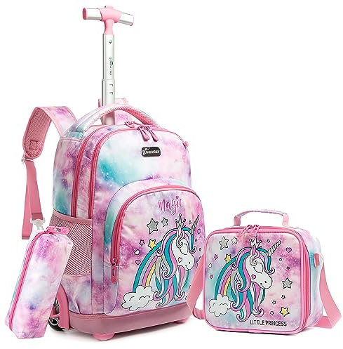 HTgroce Einhorn Trolley Rucksack mit Rollen Schultrolli Mädchen mädchen Schultasche Mit Rollen Schulrucksack Trolley für Schulreisen