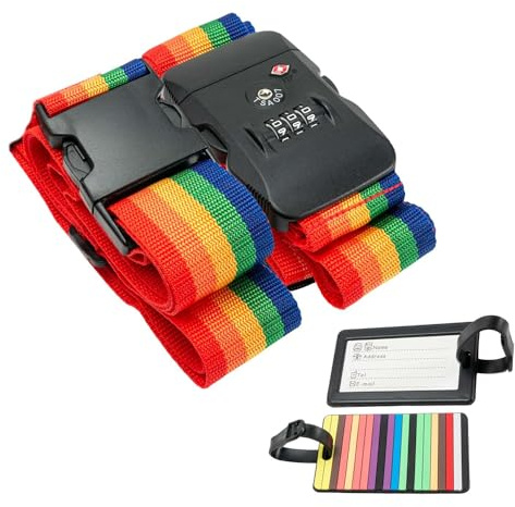 Intirilife Koffergut Gepäckgurt mit Zahlenschloss und Namensschild in Regenbogenfarben - 200-100 x 5 cm / 145-171 x 5 cm - Gepäckband mit Kofferanhänger und TSA-Zahlenschloss