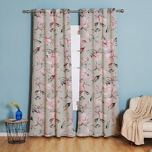 Gardinen Grau Rosa Floral Vorhänge Thermovorhang Verdunkelungsvorhang Vorhang Blickdicht für Wohnzimmer Schlafzimmer Kinderzimmer Gardinen mit ösen 2 Stücke Curtains(2x91.5x214cm)