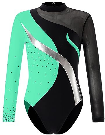 iEFiEL Mädchen Metallic Turnanzug Langarm Gymnastikanzug Tanzbody Leotard mit Strass Glänzende Ballett Trikot Turnkleidung Tanzkostüm Xb Minzgrün 122-128