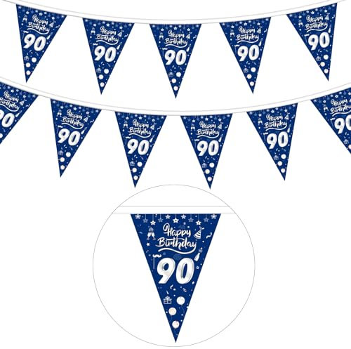 GoldRock Stoff Girlande 90 Geburtstag Männer Deko Blau,Deko 90 Geburtstag Mann Frau,90 Geburtstag Deko Banner,Wimpelkette Deko 90. Geburtstag Deko Frauen,Geburtstagsbanner 90 Jahre,90er Geburtstag
