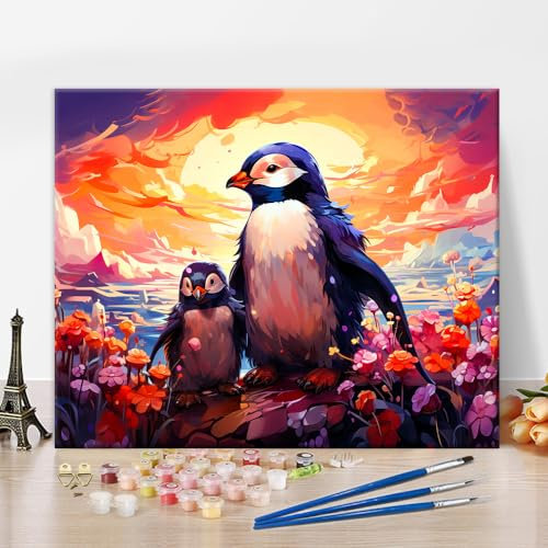 TISHIRON Pingouins DIY Peinture par Numéros - Aquarelle Animaux pour Adultes, Art Abstrait sur Toile - Kit de Peinture