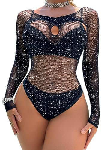 KAIOWPEIC Black Sparkly Bodysuit Women, Fishnet Sexy Sheer Negligee, Long Sleeve Rhinestone Mesh Suit, Diamante Top Sexy Tights