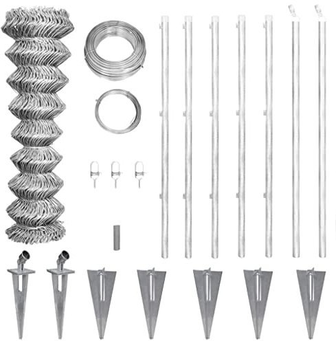 vidaXL Galvanised Steel Chain Link Fence with Posts Spike, Easy to Install Fence Kit for Gardens, Zoos, Sports Yards, Roads and Pools, Silver, 15x1.25m