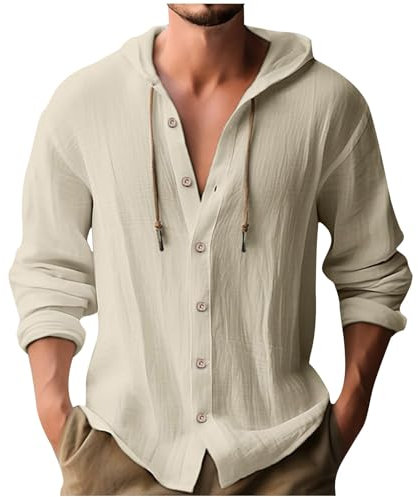 Hoodies for Men UK Clearance Cotton Linen Shirt with Hood Plain Hooded Pullover Casual Drawstring Hoody Top Solid Color Hooded Sweatshirts Comfy Long Sleeves Sweatshirt Beige