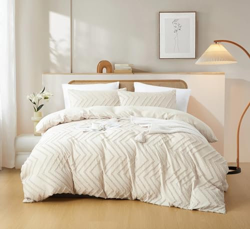 Freyamy Bettwäsche 135x200cm Beige 2tlg,Getuftet Geometrisch Wendebettwäsche Tufted,Böhmen Vintage Bettwäsche-Set Chic Gewaschene Mikrofaser 1 Bettbezug mit Reißverschluss 1 Kissenbezüge 80x80cm