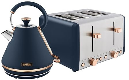 Tower Cavaletto Kitchen Set, 1.7L Rapid Boil Kettle & 4 Slice Toaster, Midnight Blue and Rose Gold, T10044MNB, T20051MNB
