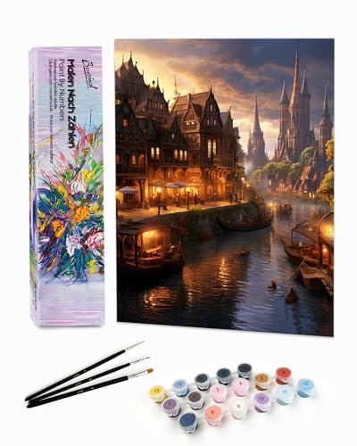 Bougimal Malen Nach Zahlen Erwachsene Landschaft Ohen Rahmen inklusive Pinsel und Acrylfarben - 28 x 35 cm, Wasserstraße 2