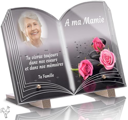 Plaque Funéraire Livre Personnalisée - Roses Galets - Textes Photo personnalisables, plusieurs lignes - Résistante aux Intempéries et Traitée Anti UV (22,5x15 cm (moyen))