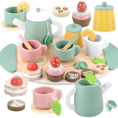GAGAKU Teeservice Kinder - Holz Teeservice für Kinderküche, Zubehör Tee Set, Holzspielzeug, Kaffeeservice, Küchenzubehör, Geschirrset, Rollenspiel, Geschenke für Mädchen