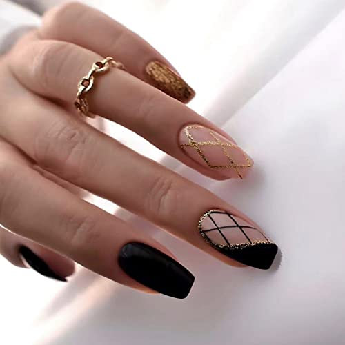 JUSTOTRY 24 Stück Sarg Nägel Zum Aufkleben Motiv,Schwarz Press on Nails Lang,Glossy French Coffin Künstliche Nägel,Gold Swirl Ballerina Fingernägel Fake Nails Long für Frauen Nails Art