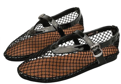 Mesh Ballet Flats for Women, Fashion Comfortable Round Toe Fishnet Buckle Mary Jane Casual Ballerina Flats, Ladies Wide Width Casual Office Daily Dress Mary Jane Flats