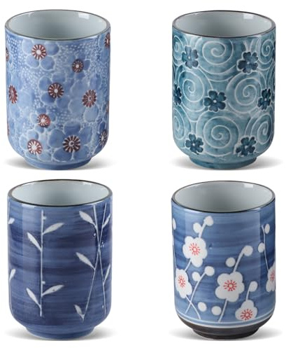 Xnqelerate Tazze da tè giapponesi in ceramica, 11 Oz, 320 ml, set da 4 tazze da tè cinesi senza manico, tazze da tè asiatiche senza manico, tazze cinesi per caffè sake, tè e fiori, bel design