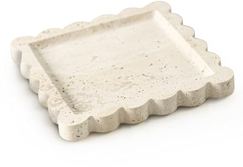 Natural Square Travertine Tray with Scalloped Edge, Multi-Purpose Marble Tray for Kitchen Counter, Bathroom, Vanity, Dresser (Beige Travertine, 7.87x7.87)