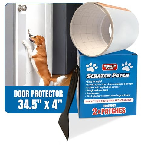 Match 'N Patch Door Protector – Scratch Protectors for Pets – Transparent Shield for Pet Scratches - Self-Adhesive & Easy to Apply, Includes Application Scraper – 34.5 x 4 Inches, 2 Patches