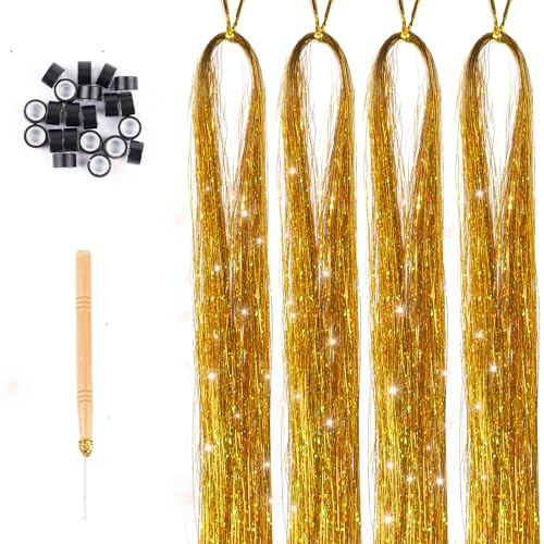 Hair Tinsel Gold Kit,25 STK 120CM Festival Haar Lametta | Glitzer Haarsträhnen mit Werkzeug zum Flechten, Hitzebeständiges Extensions, für Mädchen und Frauen, Festival und Party