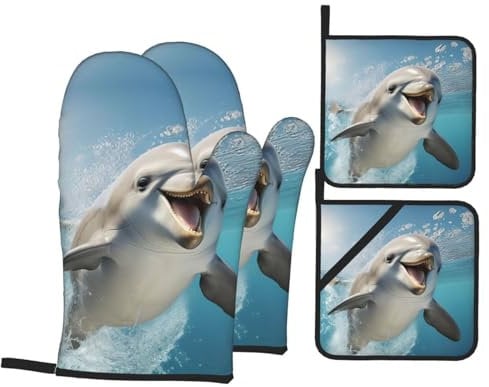 Lot de 4 maniques et maniques à imprimé dauphin drôle, gants de cuisine à haute chaleur